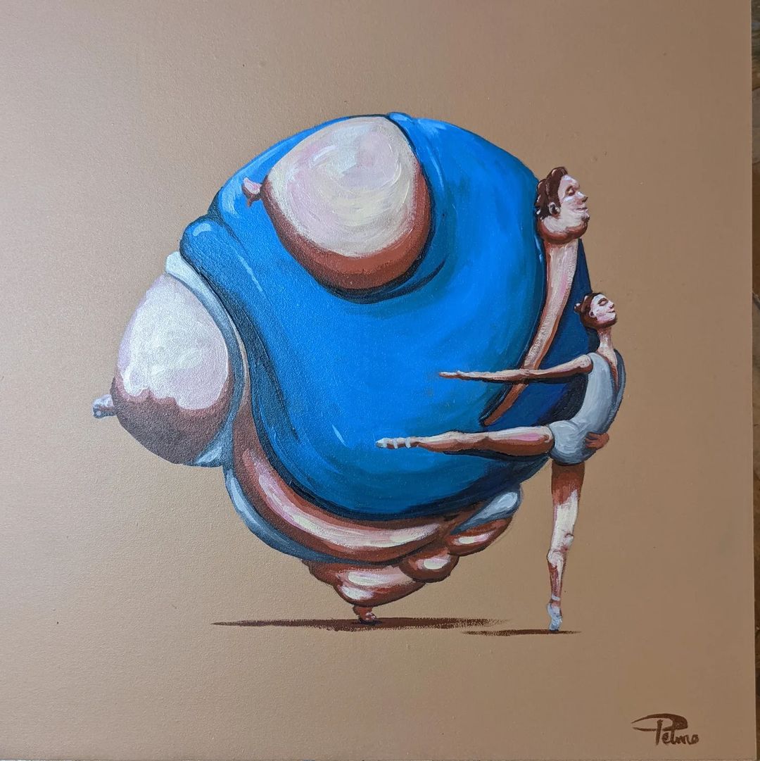 Painting of very large man and small woman dancing