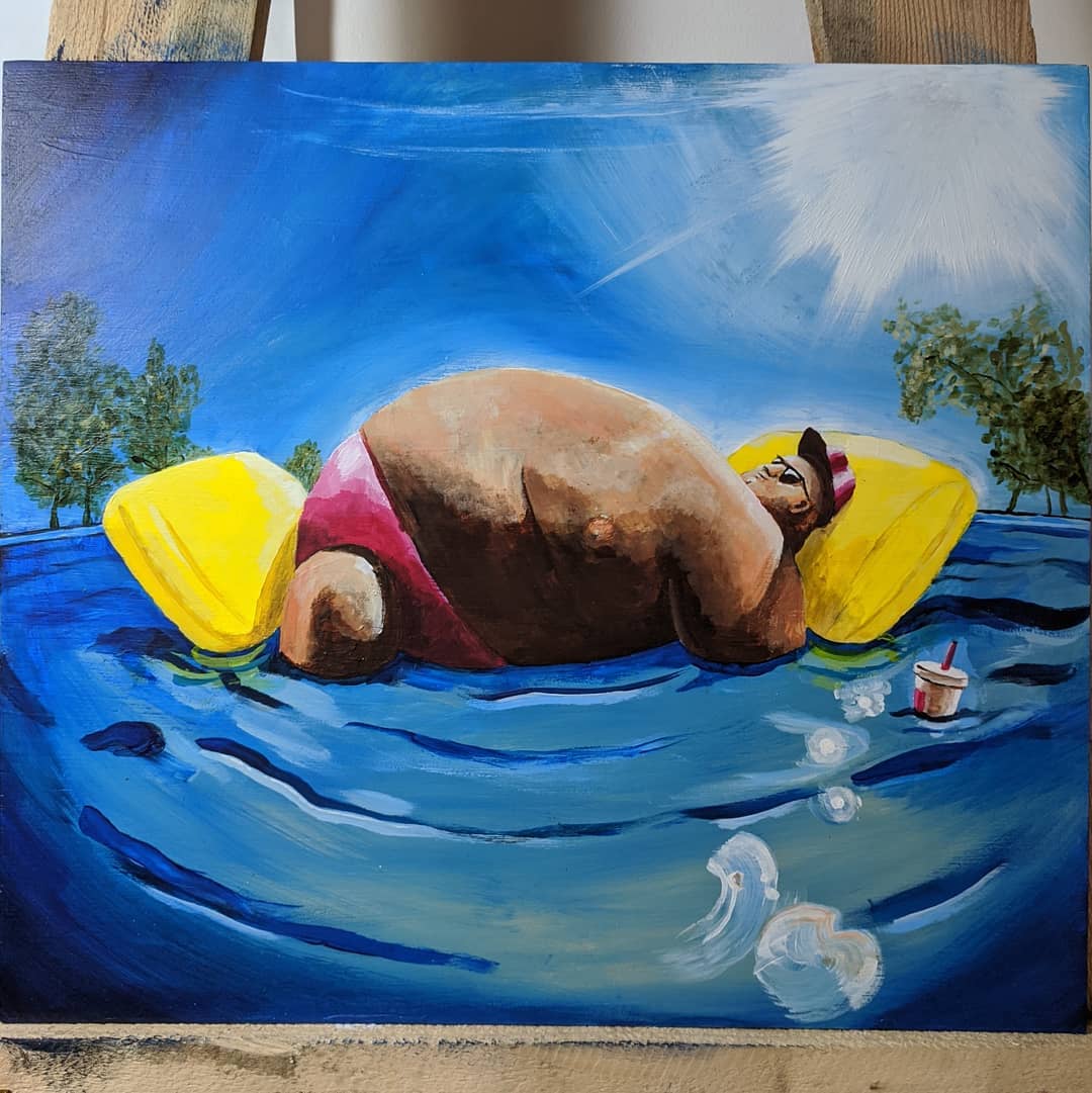 Painting of massive fat man floating on a yellow pool inflatable
